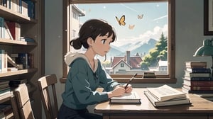 masterpiece, best quality, nice hands, perfect hands, 1girl, ghibli studio style,ghibli style.

butterflies, books, bookshelves, study table.

Winter, positive things related to winter. 