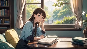 masterpiece, best quality, nice hands, perfect hands, 1girl, ghibli studio style,ghibli style, cozy, butterflies, a soft smile, High detailed, modern design,

books, bookshelves, study table, window, sheer curtain, coffee, 
spring, positive things related to spring. evening, 

The room around her is adorned with warm, orange light color, and the soft afternoon light gently spills onto the pages. She's surrounded by bookshelves filled with stories, creating an enchanting atmosphere perfect for a peaceful reading session. 

girl sits on a comfortable cushion with a captivating book in her hands. Her large, expressive eyes reflect the words on the pages, and a soft smile plays on her lips as she gets lost in the world of the story.

The book only uses a shape that opens from side to side.,1 girl