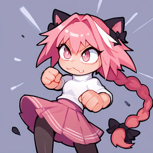 score_9, score_8_up, score_7_up, score_6_up, score_5_up, score_4_up, BREAK, 1girl, solo, necoarc, lit pupils, cat ears, (((pink hair, pink_eyes))), chibi, :3, turtleneck, fight_pose, astolfo_costume, purple skirt, pantyhose,NECOARC PINK HAIR,NECOARC BLONDE HAIR