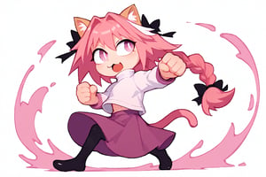 score_9, score_8_up, score_7_up, score_6_up, score_5_up, score_4_up, (((blank_background, white_background))), 1girl, solo, necoarc, lit pupils, cat ears, (pink hair, pink_eyes), chibi, :3, turtleneck, fight_pose, astolfo_costume, purple skirt, pantyhose,NECOARC PINK HAIR,NECOARC BLONDE HAIR