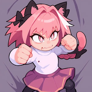 score_9, score_8_up, score_7_up, score_6_up, score_5_up, score_4_up, BREAK, 1girl, solo, necoarc, lit pupils, cat ears, (((pink hair, pink_eyes))), chibi, :3, turtleneck, fight_pose, astolfo_costume, purple skirt, pantyhose,NECOARC PINK HAIR,NECOARC BLONDE HAIR