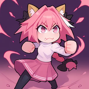 score_9, score_8_up, score_7_up, score_6_up, score_5_up, score_4_up, BREAK, 1girl, solo, necoarc, lit pupils, cat ears, (((pink hair, pink_eyes))), chibi, :3, turtleneck, fight_pose, astolfo_costume, purple skirt, pantyhose,NECOARC PINK HAIR,NECOARC BLONDE HAIR