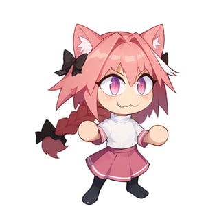 score_9, score_8_up, score_7_up, score_6_up, score_5_up, score_4_up, (((blank_background, white_background))), 1girl, solo, necoarc, lit pupils, cat ears, (pink hair, pink_eyes), chibi, :3, turtleneck, fight_pose, astolfo_costume, purple skirt, pantyhose,NECOARC PINK HAIR,NECOARC BLONDE HAIR