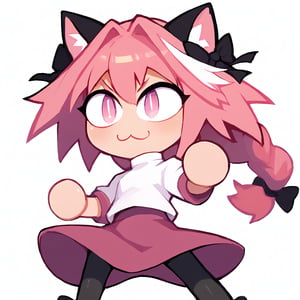 score_9, score_8_up, score_7_up, score_6_up, score_5_up, score_4_up, (((blank_background, white_background))), 1girl, solo, necoarc, lit pupils, cat ears, (pink hair, pink_eyes), chibi, :3, turtleneck, fight_pose, astolfo_costume, purple skirt, pantyhose,NECOARC PINK HAIR,NECOARC BLONDE HAIR