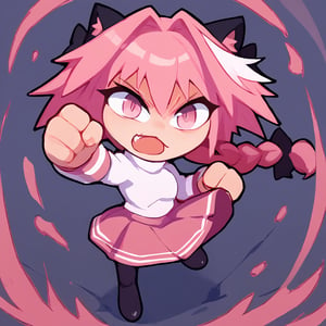 score_9, score_8_up, score_7_up, score_6_up, score_5_up, score_4_up, BREAK, 1girl, solo, necoarc, lit pupils, cat ears, (((pink hair, pink_eyes))), chibi, :3, turtleneck, fight_pose, astolfo_costume, purple skirt, pantyhose,NECOARC PINK HAIR,NECOARC BLONDE HAIR