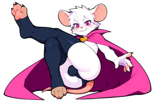 zPDXL, score_9, score_8_up, score_7_up, score_6_up, score_5_up, score_4_up, 1boy, full_body, anthro, balls in panties, mouse, femboy, furry, looking at viewer, makku, male, male only, pink eyes, tsudamaku, white background, white fur, pink-cape, thighs_highs, golden_heart
