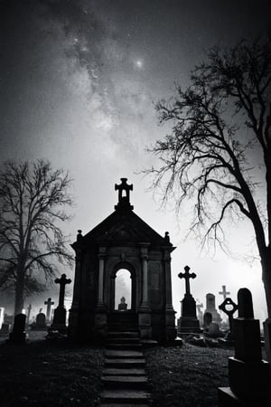 vintage, black metal style vintage distressed black and white xerox of an evil cemetery at night with fog sorrounding the graves, seen from below, {{{masterpiece}}}, best quality, {{top quality}}, (black metal album cover), black and white pencil ansel adams picture of the experience of madness in the context of depression
