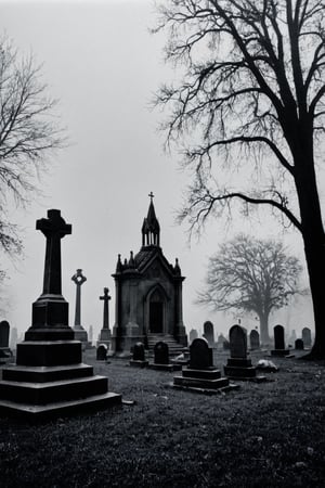 vintage, black metal style vintage distressed black and white xerox of an evil cemetery at night with fog sorrounding the graves, seen from below, {{{masterpiece}}}, best quality, {{top quality}}, (black metal album cover), black and white pencil ansel adams picture of the experience of madness in the context of depression