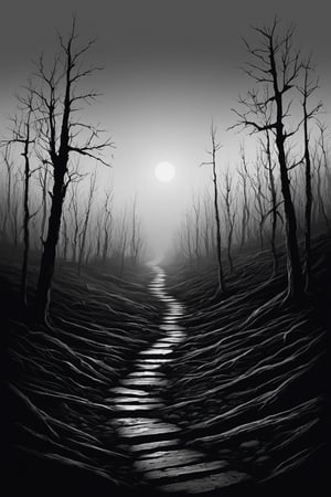 {{{masterpiece}}}, best quality, {{top quality}}, (black metal album cover), black vector by ansel adams picture of the experience of madness in the context of depression. Depict this inner struggle through the image of a dead forest pathway with volcanic rocks on the floor, nankin drawing of a dead forest pathway (dead branches), reflecting sadness and despair. Use only black color to convey melancholy. Incorporate abstract elements that suggest a distorted perception of reality. The image should be both poignant and respectful towards those facing depression,vector