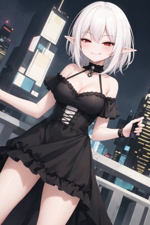 1girl,medium hair,white hair,red eyes,cyberpunk style city,elf,pointy ears,bare shoulders,frills,dress,witch dress,short sleeves,cleavage,smirking,almost closed eyes,smile,magic,standing,dutch angle