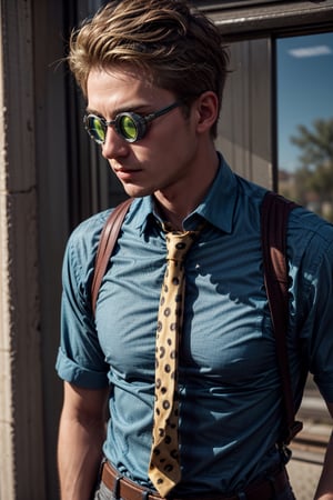 solo, short hair, blonde hair, shirt, 1boy, closed mouth, upper body, male focus, necktie, collared shirt, dress shirt, suspenders, blue shirt, animal print, goggles, round eyewear, yellow necktie, leopard print, nanami kento