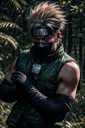 Real life adaptation of this character, his name is kakashi from the anime naruto, 1 boy, wearing Thick vest dark green color with long Sleeve, wearing mask, wearing ((konoha headband)),((same uzumaki logo on his hand)), realistic white hair, red with the sharingan with realistic light, realistic shadow, realistic background in the jungle with lots of grass, realism, Hyper realistic,(photorealistic)
