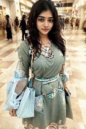 cute attrative girl, indian girl, teenager, indian tradational clothes , in a mall , shopping , with a shopping bag , curly hair