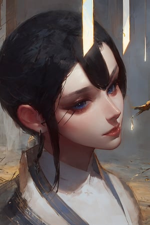 high quality, 8K Ultra HD, high detailed, masterpiece, Detailed illustration of many colorful very detailed, 1 beautiful girl, (black hair, Straight black hair, long black hair, pale skin, blue eyes, stern look,wearing a white shirt) dimensional effect, (Different angles) enhanced beauty, Albert Anker, Kyoto Animation, Greg Rutkowski, Artgerm, WLOP, Alphonse Beeple, luminism, 3d render, octane render, Isometric, awesome full color, Oil painting, oil painting, Greek mythology 