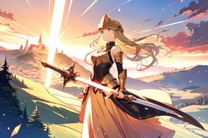 Highly detailed, high quality, very beautiful, At the top of a steep hill, against the twilight horizon, an imposing figure stands with majesty. A woman, wearing full armor, stands at the highest point of the terrain, gazing determinedly into the valley below. Her helmet is adorned with intricate details, with a visor that reveals only her resolute eyes, shining with the golden light of the setting sun. Her armor, polished to an impeccable shine, is a masterpiece of craftsmanship, each plate meticulously forged to offer maximum protection without compromising mobility. Each piece gleams as it reflects the last rays of sunlight, creating a striking contrast with the somber landscape around her. In her right hand, she holds a longsword, whose gleaming blade seems eager to challenge any adversary that dares to cross her path. In the left, a shield adorned with a familiar crest, symbol of her lineage and heritage. The wind gently stirs the cape that envelops her shoulders, highlighting her firm and confident posture. She is a fearless warrior, a defender of her realm and her people, ready to face any challenge that fate may hold. Around her, the medieval scenery unfolds in all its grandeur. Castle towers rise against the orange-tinted sky, while verdant fields stretch as far as the eye can see. The distant sound of church bells and the clashing of swords echo through the air, reminding her of the constantly conflicted world she has sworn to protect. In this solemn moment, she prepares to descend the steep slope toward the valley below, where destiny awaits with its challenges and dangers. But she does not falter; her heart is filled with courage and determination, ready to face any battle that life may present her,golden-colored clothing
