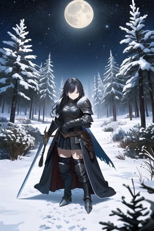 high quality, very detailed, HD,full body,  a woman wearing armor from the world of Skyrim. The woman is a fearless warrior, with long dark hair and a determined gaze. Her armor is inspired by the legends of Skyrim, with intricate details and a rugged appearance. She wields a sword or a bow, ready to face the challenges of the icy lands of Tamriel. Around her, a landscape of snow-capped mountains and towering pine trees, with a starry sky above. The moonlight reflects off the metallic pieces of the armor, creating a dramatic contrast with the shadows of the night. What is the story of this Skyrim warrior? What epic adventures is she destined to live in this fantasy world,yukino yukinoshita