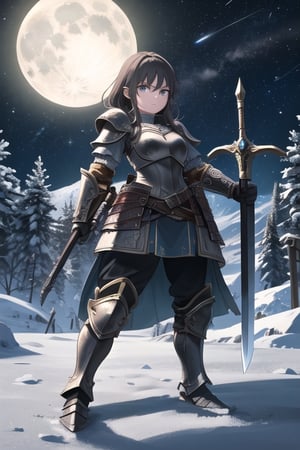 high quality, very detailed, HD,full body,  a woman wearing armor from the world of Skyrim. The woman is a fearless warrior, with long dark hair and a determined gaze. Her armor is inspired by the legends of Skyrim, with intricate details and a rugged appearance. She wields a sword or a bow, ready to face the challenges of the icy lands of Tamriel. Around her, a landscape of snow-capped mountains and towering pine trees, with a starry sky above. The moonlight reflects off the metallic pieces of the armor, creating a dramatic contrast with the shadows of the night. What is the story of this Skyrim warrior? What epic adventures is she destined to live in this fantasy world,yukino yukinoshita,petite