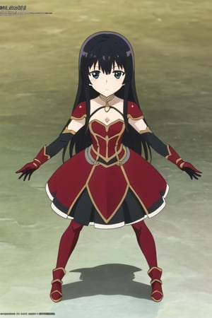 a little girl,full body,anime girl with long black hair and black and red armor, anime look of a cute girl, yumiella dolkness,anime image Villainess Level 99, best anime girl,loli,yumiella
