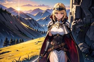 Highly detailed, high quality, very beautiful, At the top of a steep hill, against the twilight horizon, an imposing figure stands with majesty. A woman, wearing full armor, stands at the highest point of the terrain, gazing determinedly into the valley below. Her helmet is adorned with intricate details, with a visor that reveals only her resolute eyes, shining with the golden light of the setting sun. Her armor, polished to an impeccable shine, is a masterpiece of craftsmanship, each plate meticulously forged to offer maximum protection without compromising mobility. Each piece gleams as it reflects the last rays of sunlight, creating a striking contrast with the somber landscape around her. In her right hand, she holds a longsword, whose gleaming blade seems eager to challenge any adversary that dares to cross her path. In the left, a shield adorned with a familiar crest, symbol of her lineage and heritage. The wind gently stirs the cape that envelops her shoulders, highlighting her firm and confident posture. She is a fearless warrior, a defender of her realm and her people, ready to face any challenge that fate may hold. Around her, the medieval scenery unfolds in all its grandeur. Castle towers rise against the orange-tinted sky, while verdant fields stretch as far as the eye can see. The distant sound of church bells and the clashing of swords echo through the air, reminding her of the constantly conflicted world she has sworn to protect. In this solemn moment, she prepares to descend the steep slope toward the valley below, where destiny awaits with its challenges and dangers. But she does not falter; her heart is filled with courage and determination, ready to face any battle that life may present her,golden-colored clothing
,fern