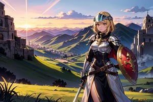 Highly detailed, high quality, very beautiful, At the top of a steep hill, against the twilight horizon, an imposing figure stands with majesty. A woman, wearing full armor, stands at the highest point of the terrain, gazing determinedly into the valley below. Her helmet is adorned with intricate details, with a visor that reveals only her resolute eyes, shining with the golden light of the setting sun. Her armor, polished to an impeccable shine, is a masterpiece of craftsmanship, each plate meticulously forged to offer maximum protection without compromising mobility. Each piece gleams as it reflects the last rays of sunlight, creating a striking contrast with the somber landscape around her. In her right hand, she holds a longsword, whose gleaming blade seems eager to challenge any adversary that dares to cross her path. In the left, a shield adorned with a familiar crest, symbol of her lineage and heritage. The wind gently stirs the cape that envelops her shoulders, highlighting her firm and confident posture. She is a fearless warrior, a defender of her realm and her people, ready to face any challenge that fate may hold. Around her, the medieval scenery unfolds in all its grandeur. Castle towers rise against the orange-tinted sky, while verdant fields stretch as far as the eye can see. The distant sound of church bells and the clashing of swords echo through the air, reminding her of the constantly conflicted world she has sworn to protect. In this solemn moment, she prepares to descend the steep slope toward the valley below, where destiny awaits with its challenges and dangers. But she does not falter; her heart is filled with courage and determination, ready to face any battle that life may present her,golden-colored clothing
,fern