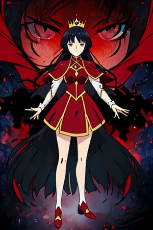 high quality, very detailed, hd,full body,anime girl with long black hair and black, and red armor, anime look of a cute girl, yumiella dolkness,anime image Villainess Level 99: I May Be the Hidden Boss but I'm Not the Demon Lord, king hino as princess, best anime girl