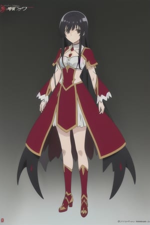 high quality, very detailed, HD,full body,anime girl with long black hair and black, and red armor, anime look of a cute girl, yumiella dolkness,anime image Villainess Level 99: I May Be the Hidden Boss but I'm Not the Demon Lord, king hino as princess, best anime girl