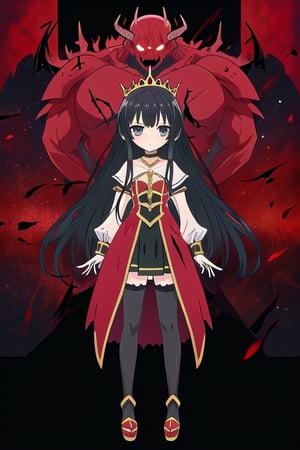 a little girl,full body,anime girl with long black hair and black and red armor, anime look of a cute girl, yumiella dolkness,anime image Villainess Level 99: I May Be the Hidden Boss but I'm Not the Demon Lord, king hino as princess, best anime girl,loli,yumiella