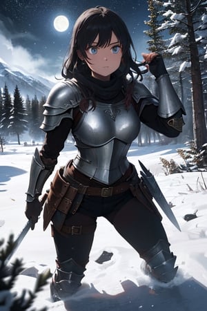 high quality, very detailed, HD,full body,  a woman wearing armor from the world of Skyrim. The woman is a fearless warrior, with long dark hair and a determined gaze. Her armor is inspired by the legends of Skyrim, with intricate details and a rugged appearance. She wields a sword or a bow, ready to face the challenges of the icy lands of Tamriel. Around her, a landscape of snow-capped mountains and towering pine trees, with a starry sky above. The moonlight reflects off the metallic pieces of the armor, creating a dramatic contrast with the shadows of the night. What is the story of this Skyrim warrior? What epic adventures is she destined to live in this fantasy world,yukino yukinoshita