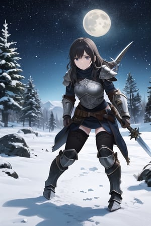 high quality, very detailed, HD,full body,  a woman wearing armor from the world of Skyrim. The woman is a fearless warrior, with long dark hair and a determined gaze. Her armor is inspired by the legends of Skyrim, with intricate details and a rugged appearance. She wields a sword or a bow, ready to face the challenges of the icy lands of Tamriel. Around her, a landscape of snow-capped mountains and towering pine trees, with a starry sky above. The moonlight reflects off the metallic pieces of the armor, creating a dramatic contrast with the shadows of the night. What is the story of this Skyrim warrior? What epic adventures is she destined to live in this fantasy world,yukino yukinoshita,petite