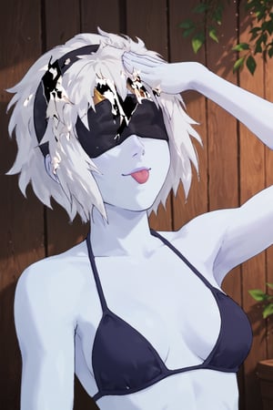 marasov, 1girl, solo, bikini, whitw hair, short hair, hairband, blindfold, cowboy shot, blue skin, miart_style,closed eyes, tongue out, hands on own head, smile, upper body