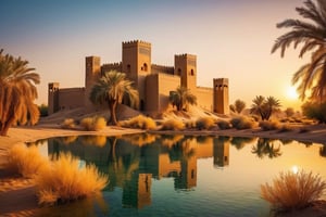 A ancient persian castle lost in the desert in the sunset surouded by trees and water