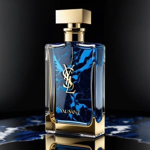 A beautiful perfume blue bottle,
on black reflective marble veined  plane, 
gold  YSL branded on front,
octane render