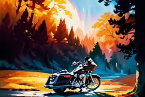 a dark gray 2001 harley Davidson Screamin' Eagle Road Glide II touring motorcycle with a Grungy Retro 1970s vibe to it, the scenery is beautiful Heaven