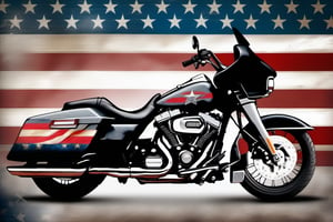 A grungy, distressed website banner featuring a dark grey Harley Davidson touring motorcycle with a faded American flag in the background, and an empty space for text
