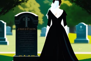 Full body portrait, beautiful grieving dark bride wearing a black flowing gown standing in front of a large headstone crying and looking at the name on it