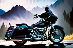 a dark gray 2001 harley Davidson Screamin' Eagle Road Glide II touring motorcycle with a Grungy Retro 1970s vibe to it, the scenery is beautiful Heaven