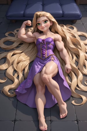 score_9,score_8_up,score_7_up, very muscular girl Tangled, ((flat chest)), purple princess dress, light purple corset, long wide dark purple skirt lanyards with pink patterns, barefoot, very strong arms, very long legs, very strong calves, very strong pectorals, pretty face, fine face, green eyes. (((blond hair))), ((((((very long 500ft hair lying on the floor)))))). (((Her hair is so long it stands out from the frame))). She flexing a single biceps. She's in the street. fine details, 8k