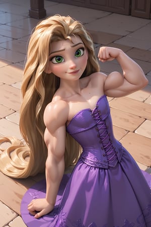 score_9,score_8_up,score_7_up, very muscular girl Tangled, ((flat chest)), purple princess dress, light purple corset, long wide dark purple skirt lanyards with pink patterns, barefoot, very strong arms, very long legs, very strong calves, very strong pectorals, pretty face, fine face, green eyes. (((blond hair))), ((((((very long 500ft hair trailing on the floor)))))). (((Her hair is so long it stands out from the frame))). She flexing a single biceps. She's in the street. fine details, 8k