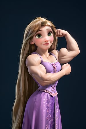 score_9, score_8_up, score_7_up, very muscular Rapunzel, 1girl, R_punzel, very long hair, girl, little smirk, sleeveless, barefoot, very muscular arms, very muscular legs, very muscular calves, very muscular pectorals, pretty face, fine face, green eyes. blonde hair. flexing a single biceps, fine details