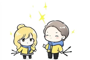 1boy and 1girl chatting in the classroom, yellow chibi skewers, winter, white background, chibi, chibi style