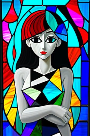 Cubist Portrait,Girl,simple outline,closed lines,stained glass ,(leaded stained glass), cubism,cubist painting , abstract 
