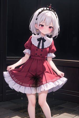 woman, white hair, red day of the lolita short dress, ((peeing stain)), worried, standing  ,:3,tiara,big hoop earring,legs spread 