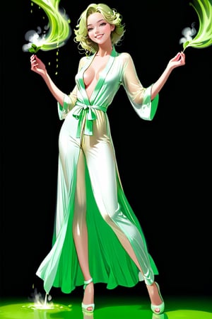 healthy woman age 25 attractive, full body in frame, cupped ears, sculpted calves, shapely figure, Long flowing Hair, dressed in "sheer pale green classic three piece pajama (floor length robe, shirt and floor length pants)", mouth open, brazen smile, legs apart, arms extended, eyes open, teeth visible, holding "pink mojito", shapely figure, perfect face, detailed face, Perfect Hands, surrounded by steam, boudoir photography, fancy romantic kitchen, ,alanaxl