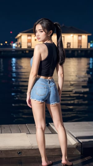 (RAW photo, best quality), (realistic),photo, masterpiece, 1girl,  ponytail, looking at viewer, hoodies, jacket, shorts, at night outdoor, harbor, street, full body, (light smile:0.7),blush, long shot,photorealistic,
