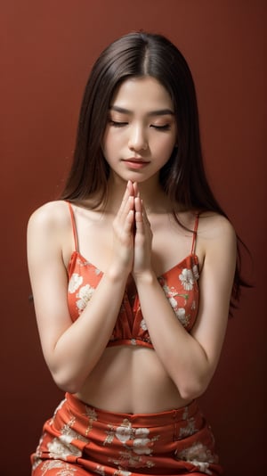 A serene Chinese ancient beauty kneels on a rich red background, her slender hands clasped together in devout prayer. Her eyes are shut tight, her face a picture of solemn contemplation, as she seeks solace and wisdom from the heavens above. The fiery red hue serves as a striking backdrop to her tranquil features.