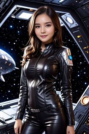 tiny_girl, 1girl,petite, skinny, Portrait Of beautiful brown haired girl wearing black leather suit with perky breasts surrounded by spacecraft in the space ship, art by Mike Mayhew and Mark brooks and Ross Tran 8K Resolution,Extremely Realistic, sm,t4ni4