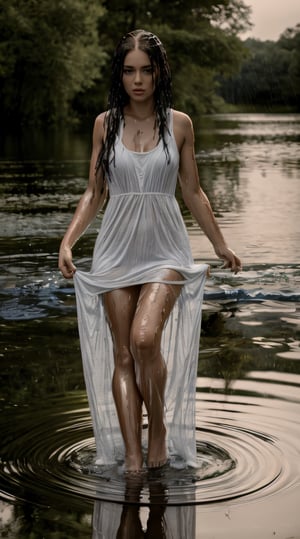 a ultra real full body shot photo 20 years old girl, black eyes, long black hair on covering her body, white dress, on a lake forest and rain fall, ((half body on water:1.5)), goddess, ultra contrast, low light, fireflies, wet face and body, sad face. Intricate details of her beautiful eyes and perfect face. The most beautiful girl, night view,