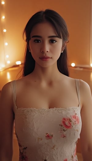 A stunning, photo-realistic masterpiece captures the breathtaking beauty of a delicate, feminine figure. In an 8K composition, a cute woman stands tall, clad in an oversized, floral-patterned dress made from textured sheer fabric that appears almost lifelike. Her upper body is prominently featured in a close-up shot, with her face and shoulders softly illuminated by cinematic lighting. The cozy bedroom setting is rendered in exquisite detail, complete with subtle shadows and reflections. A strip of LED lights provides a warm glow, casting a perfect ambiance over the entire scene.,d4st3r