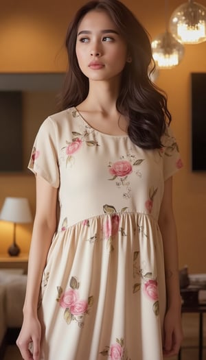 best quality, masterpiece, realistic, photo-realistic, amazing, finely detail, incredibly absurdres, huge filesize, ultra-detailed, highres, extremely detailed 8k wallpaper, ray tracing, close-up, upper body, A cute woman wearing a short slevees oversize dress made of fabric textured material with flower patern, standing in a cozy bedroom,d4st3r