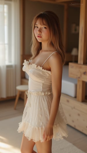 best quality, masterpiece, realistic, photo-realistic, amazing, finely detail, incredibly absurdres, huge filesize, ultra-detailed, highres, extremely detailed 8k wallpaper, ray tracing, close-up, upper body, A cute young woman wearing a ginger white dress made of sheer rough textured material, standing in a cozy bedroom